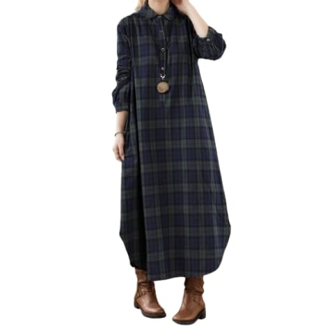 Women's Plaid Button Down Shirt Dress Casual Long Sleeve Lapel Vintage Fall Dress Loose Midi Dress with Pockets
