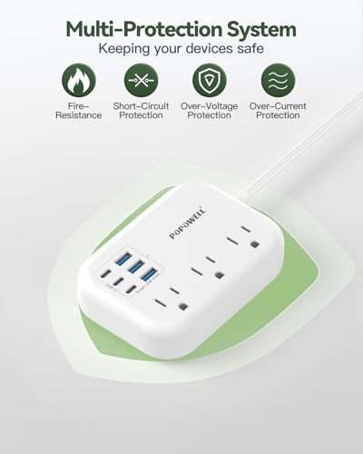 Regleta de energía con 6 puertos USB y 3 tomas, extensión de 3 pies con tapa plana, color blanco, marca popowell miniatura 7
