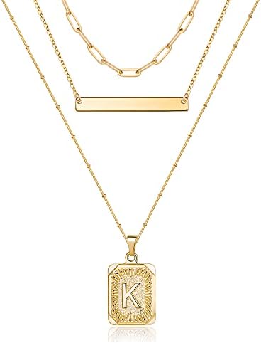 Gold Layered Necklaces for Women, Dainty 14K Gold Plated Layering Paperclip Link Chain Necklace Handmade Square Initial K Pendant Necklaces Set Layered Initial Necklaces Jewelry Gifts for Women （K）