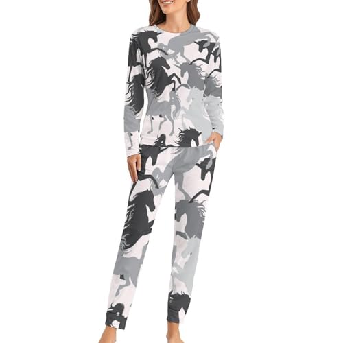 Pyjama femme chevaux noirs contre le froid nocturne avec pantalon et manches longues