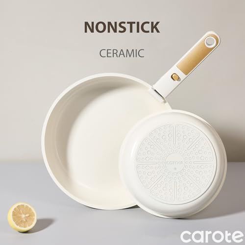 كاروت طقم اواني طهي سيراميك من 6 قطع بمقبض قابل للفصل، مقلاة ومقلاة مع اغطية، مجموعة طهي صحية غير لاصقة خالية من PFAS، متوافقة مع جميع مواقد المطبخ، امنة للاستخدام في غسالة الصحون (لون كريمي)
