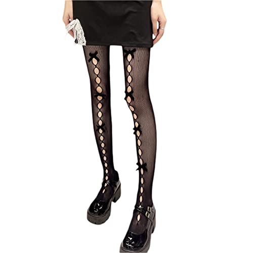 Image of SOLILOQUY Women Y2K Lolita Sheer Tights Bow Knot High Waist Footed Pantyhose Stockings See-Through Stretchy Leggings