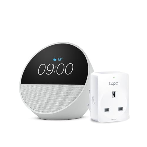 Echo Spot | Glacier White + TP-Link Tapo P110M Smart Plug with Energy Monitoring, Works with Alexa - Smart Home Starter Kit