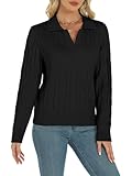 Womens Long Sleeve Sweaters Cable Tops Solid Lapel Polo V Neck Knit Casual Soft Pullover Shirt 2025 Spring Outfits Black