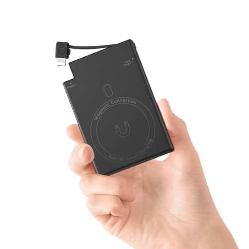 TNTOR Batería Externa magnética de 5000 mAh con Cable Integrado, Cargador portátil Ultrafino, Batería pequeña Compatible con iPhone 14/13/12, etc. (Carga no inalámbrica)