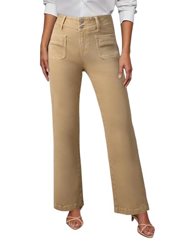 Sidefeel Women's Jeans Wide Leg High Waisted Straight Leg Fall Outfit Stretchy Denim Pants Khaki Size 12