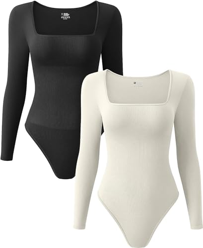 Gursac Sexy Damen Bodysuit mit quadratischem Ausschnitt und langen Ärmeln, Gerippter Body mit Bauchkontrolle, 2 Stück, Beige / Schwarz, 38