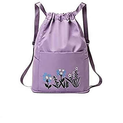 Women's Drawstring Backpack Lightweight Casual Daypack with Floral Embroidery Design, Water-Resistant Travel Gym School Bag