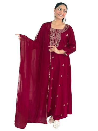 Kurta pantalon droit brodé femme GoSriKi avec dupatta vêtement ethnique soie L