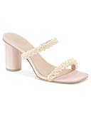 Guayonng Womens Chunky Heeled Sandals Pearl Strappy Open Square Toe Slip-on Block Heels Backless Mules Shoes, Nude Pink, Size 8.5