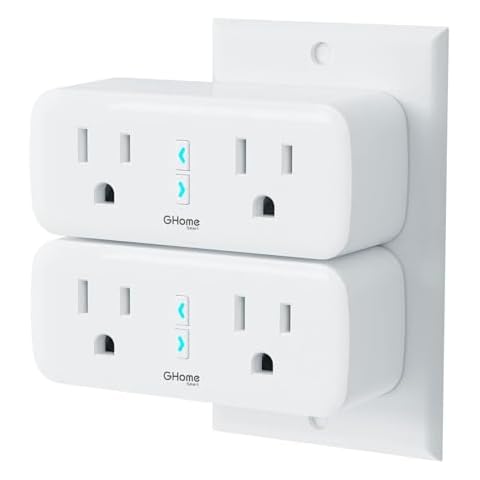 GHome Smart Plug Outlet Extender 15A, WiFi Smart Plugs Compatible with Alexa and Google Home, Smart Surge Protector Outlet with Remote Control and Timer, Dual Sockets, No Hub Required, White, 2 Pack Cover