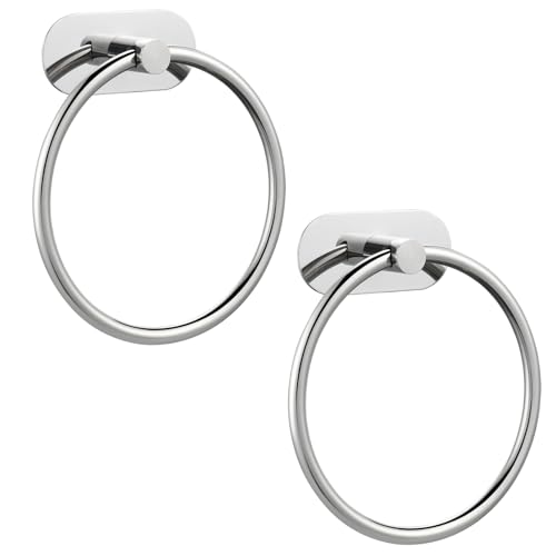 Conjunto de 2 anéis de toalha autocolantes para casa de banho, cozinha, com adesivo forte, sem perfuração, de aço inoxidável, antioxidante, organizador moderno de casa de banho cromado