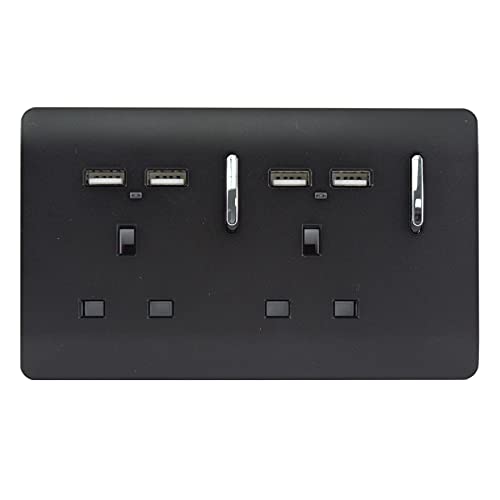 Trendi 2 Gang Artistic Modern Glossy Screwless Raised 13 Amp 240v Short 4 USB Type A Charging Points Double Chrome Switched Electrical Wall Plug Socket Matt Black - ART-SKT213USBMBK