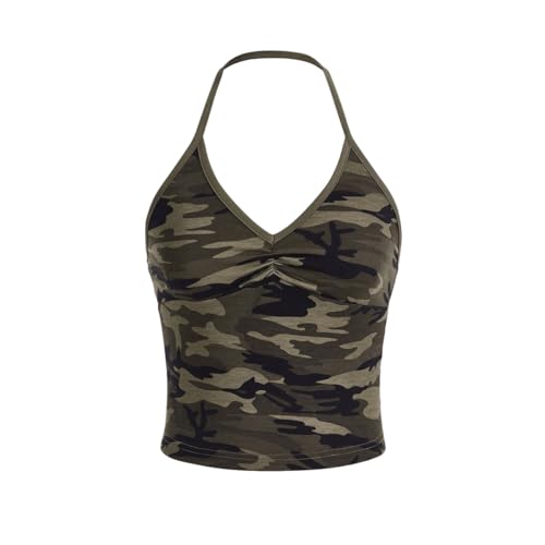 COZYEASE Women's Camo Print V Neck Sleeveless Crop Tops Casual Ruched Backless Halter Tops4