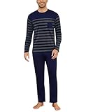 Irdcomps Pyjama Homme Hiver Coton Ensembles de Pyjamas pour Hommes à Rayures Chauds Manches Longues Col Rond Vêtements De Nuit Vêtements de Détente Deux Pièces Confortable Doux Bleu Marine XL