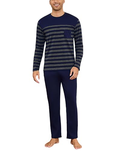 Irdcomps Pyjama Homme Coton Hiver Ensembles de Pyjamas à Rayures Chauds Manches Longues Col Rond Vêtements De Nuit Vêtements de Détente pour Hommes Deux...