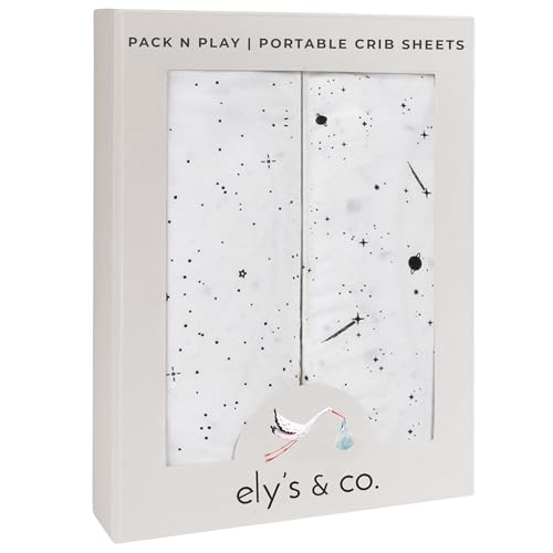 Image of Ely’s & Co. Pack and Play Sheets, for Mini/Portable Crib, 2 Pack Fitted Playpen Play Yard Sheet Set Compatible with Graco Pack n Play, 100% Cotton, Black and White Celestial, 38”x24”x5”