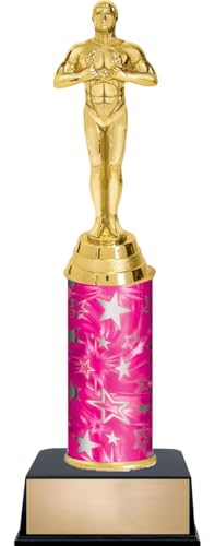 12" Victory Male with Wreath Trophies - Custom Engraved Recognition Pink and Silver Star Column Trophy Awards