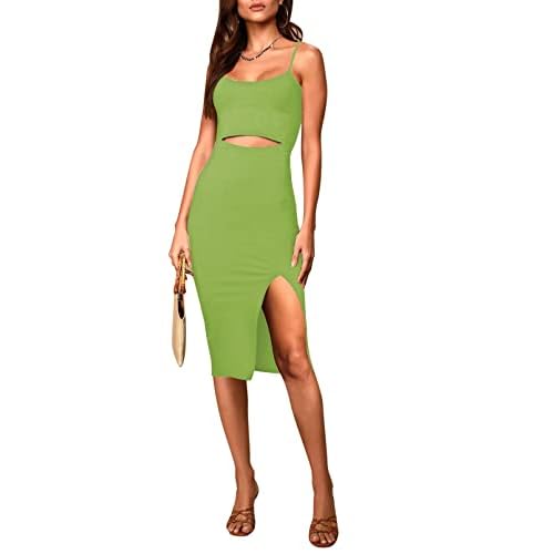 Pink Queen Women's Spaghetti Strap Cutout Side Slit Ribbed Knee Length Bodycon Midi Dress Grass Green X-Large