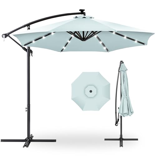 Best Choice Products 10ft Solar LED Offset Cantilever Hanging Market Patio Umbrella, 8 Sturdy Ribs, Easy Adjustment - Baby Blue