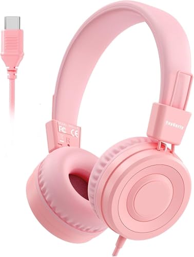yoygerty USB C Kids Headphones for School Upgrade USB Type C Kid Headphone 94 dB Volume Limiter Wired On-Ear Headset for Kids/Toddlers/Children/Teens/Boys/Girls-Light Pink