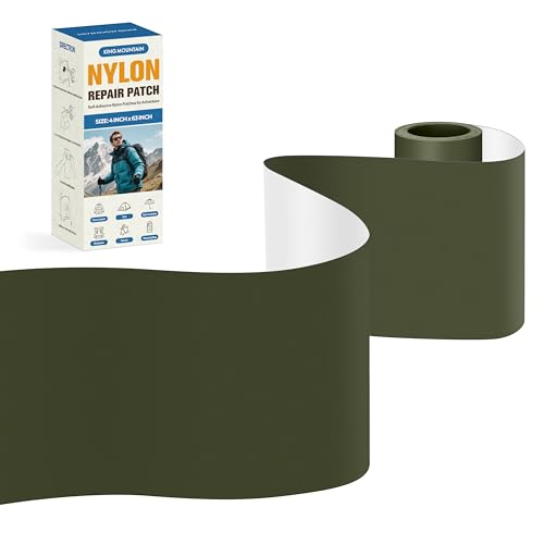 KING MOUNTAIN Self Adhesive Nylon Fabric Repair Tape, 4Ã—63 Inches, Quick Down Jacket Repair Patch, Waterproof Outdoor Gear Patch Kit for Tent,Backpacks,Umbrella, Gloves, Sleeping Bag (Army Green)