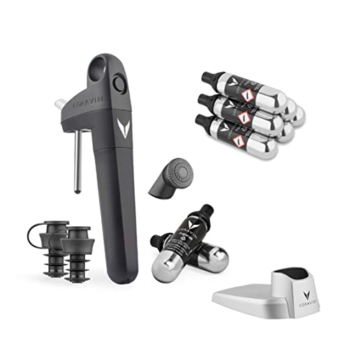 Coravin Pivot+ Premium Bundle | Weinkonservierungssystem | Schwarz | Mit Pivot-System, 8 Argon-Gas-Kapseln, Weinbelüfter-Aufsatz, 2 Pivot-Weinflaschenverschlüssen, Metallfuß & Flaschenhülle Cover