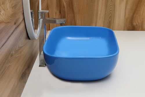 MAHISRE Ceramic Countertop Wash Basin | Designer Table Top Bathroom Basin Sink | Vessel Sink Wash Basin Over Counter for Bathroom, Hotel, Home Living Room (18x13x5.5 Inch) (Glossy Light Blue)