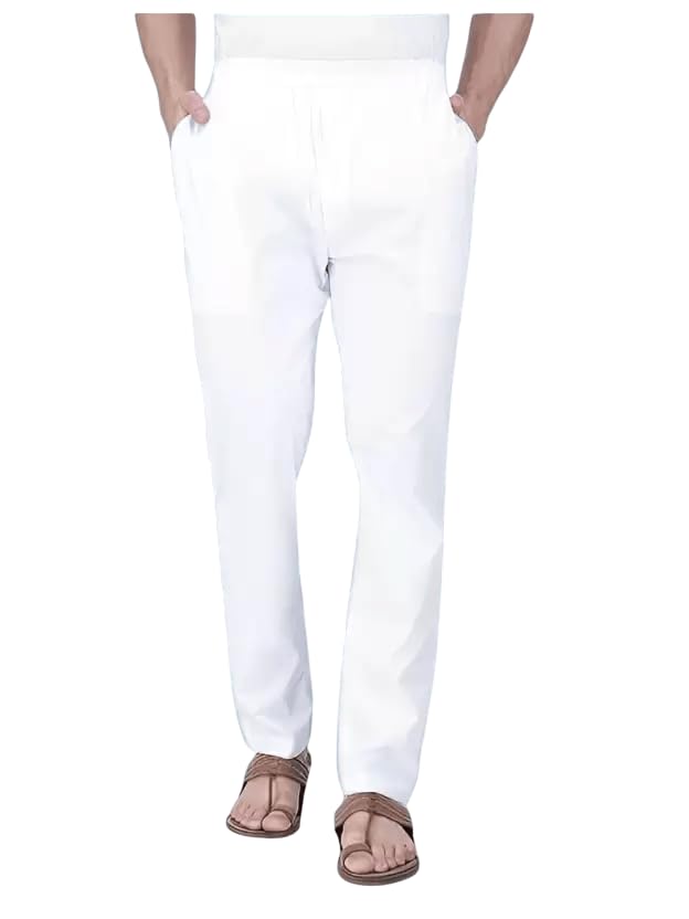 Men's Cotton Pants, White, Elastic Waistband, Relaxed Fit