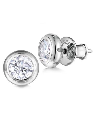 Moissanite Bezel Comfy Earrings for Women Sparkly Sterling Silver Diamond Round Solitaire Stud Earrings