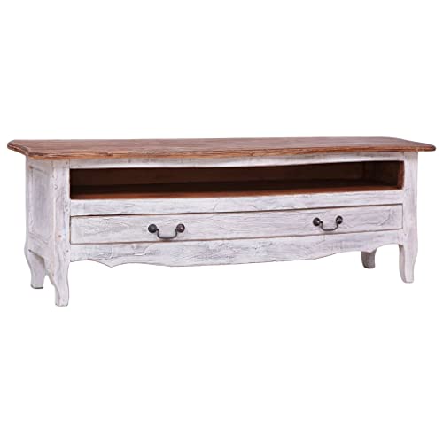 pokgdf Meuble TV en bois recyclé massif déjà monté - Meuble TV antique avec tiroir et compartiment ouvert - Meuble TV massif en bois recyclé de style antique pour votre salon