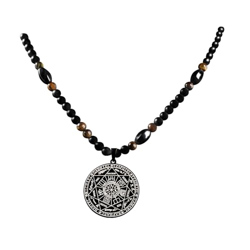 Ankh Cross Pendant Ancient Egyptian Hieroglyphic Symbol of Health and Eternal Life Men Cross Necklace with Tiger Eye Stone Obsidian Hematite Triple Protection Crystal Beads Chain (Seven Archangels-Silver)