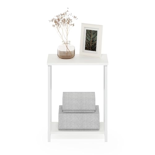 Image of Furinno Simplistic Side Table, 2-Tier Metal Frame Modern End Table with Open Shelf, Night Stand, Bedside Table, for Living Room, Bedroom, White