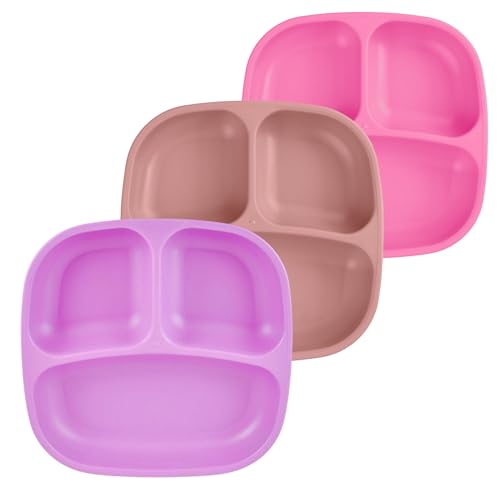 Image of Re-Play Toddler Plates with Dividers - Deep-Walled 3 Compartments Divided Plates for Kids - Dishwasher & Microwave Safe - Made in USA - Set of 3-7.37" x 7.37" x 1.25" - Berry