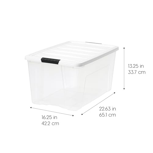 Image of IRIS USA 72 Qt Stackable Plastic Storage Bins with Lids, 4 Pack - BPA-Free, Made in USA - See-Through Organizing Solution, Latches, Durable Nestable Containers, Secure Pull Handle - Clear /White