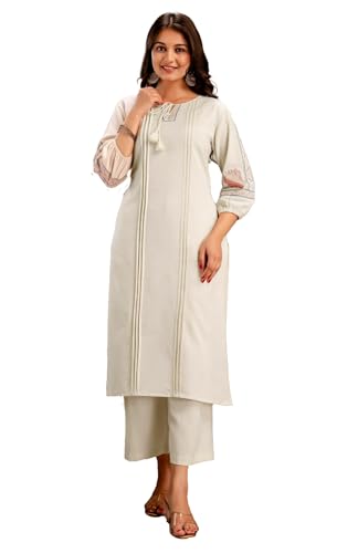 Ensemble en lin et coton de qualité supérieure Ladyline avec pantalon Palazzo et Kurti brodé