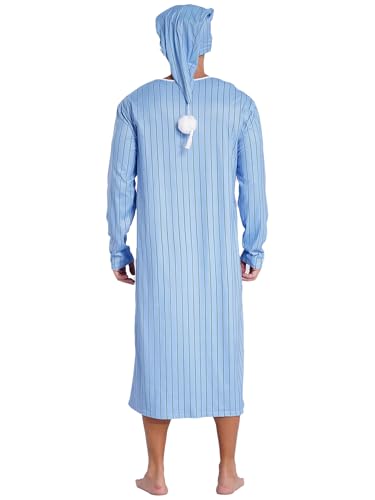 Men's Striped Loose Sleepwear Long Sleeve Nightshirt Night Pajama Set with Sleeping Cap3