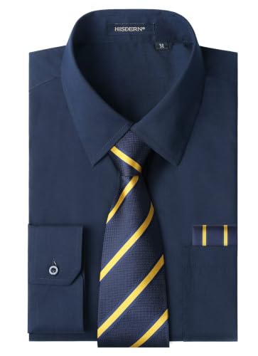 Image of HISDERN Mens Dress Shirt with Tie Pocket Square Set Classic Button Down Shirt Matching Tie Long Sleeve Shirts