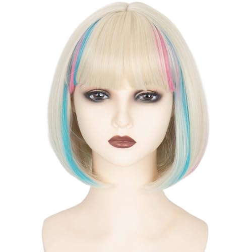 Miss U Hair Short Straight Blonde Bob Wig with Blue