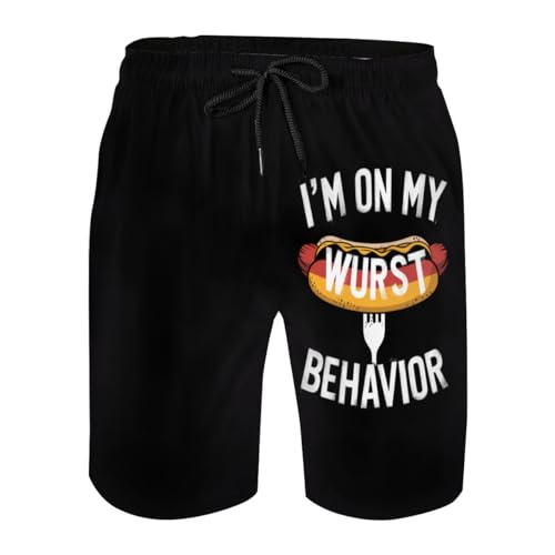 I Am On My Wurst Behavior Funny German Mens Swim Trunks Boys Quick Dry Board Shorts with Mesh Lining