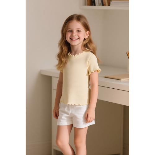 Girls Summer Lettuce Trim Ribbed Knit Short Sleeve T-Shirts Solid Color Casual Blouse Tops3