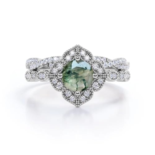 18K Gold Vintage 1.25 Carat Moss Agate Engagement Ring With Moissanite Bridal Wedding Ring Set - Moss Agate Bridal Promise Ring Handmade Anniversary Ring
