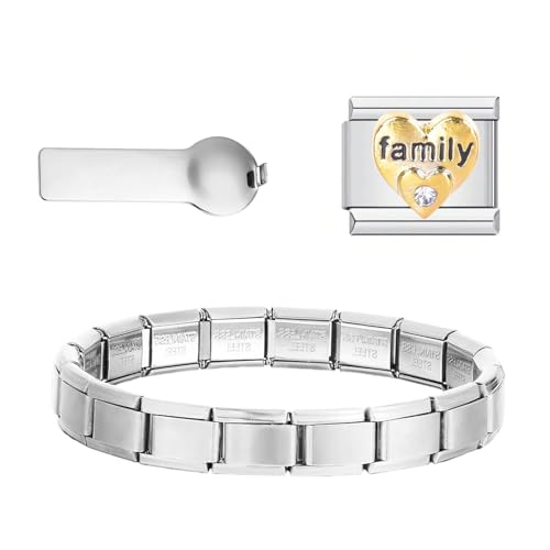 3-in-1 Italian Charm Bracelet Starter Kit 9mm Stainless Steel Gold Italian Link Bracelet with Charms & Removal Tool Compatible with Italian Charms (Family)