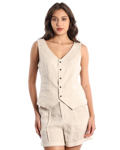 Womens Pure Linen Sleeveless Button Down Geometric Cropped Vest V Neck Waistcoat Vest