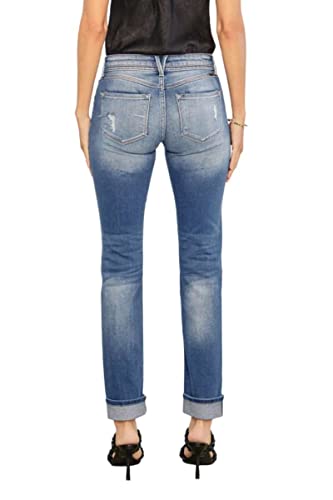 Kancan Women's Mid Rise Patched Folded Hem Slim Straight - KC85994