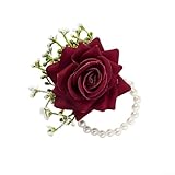 Juego de ramillete de muñeca y boutonniere de seda roja, elegantes accesorios florales de boda para novia, damas de honor, novio, graduación, ceremonia, decoración, 13 x 10 cm (ramillete de muñeca