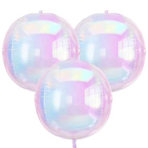 3Pcs Iridescent 4D Balloons, 32in Holographic Round Ball Balloon, Giant 4D Clear Rainbow Foil Balloon for Birthday Baby Shower Mermaid Rainbow Wedding Party Decorations