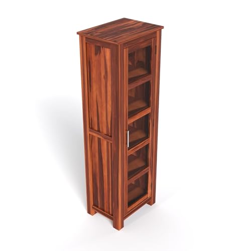Image of SUNCOM Solid Sheesham Wood Book Shelf - Showcase Glass Door Crockery Storage Unit Or Bookcase, 5-Shelf Wooden Book Rack, Display Cabinet Furniture for Home, Kitchen & Library Areas (Natural Finish)