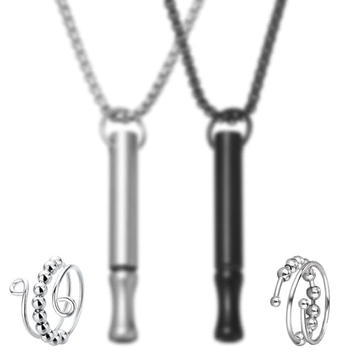 HTTDSLF Collier de Respiration, Anti Tabac, Anti Stress, pour Soulager Anxiété, Méditation, avec 2 Anneaux (Argent & Noir)