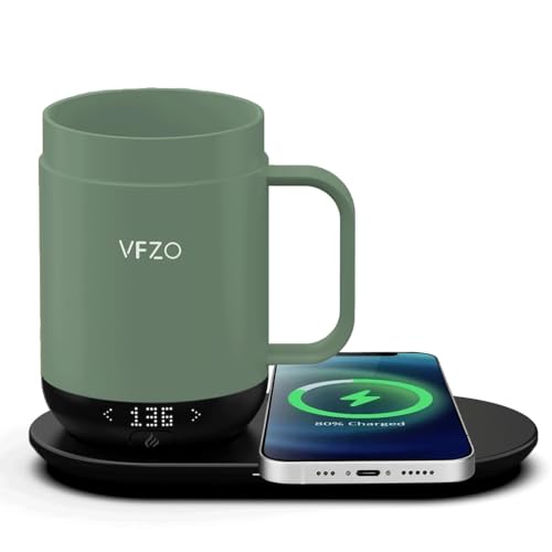VFZO 16Oz Temperature Control Smart Mug, Self Heating Coffee Mug LED Display, 180 Min Battery Life - Hot up to 149? Fast Wireless Charger Base Improved Design coffee serving sets (16oz, Blue Grey)